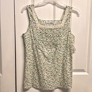 Envision Studio White Blue Floral Lace Trim Cotton Tank Top Size L NWT